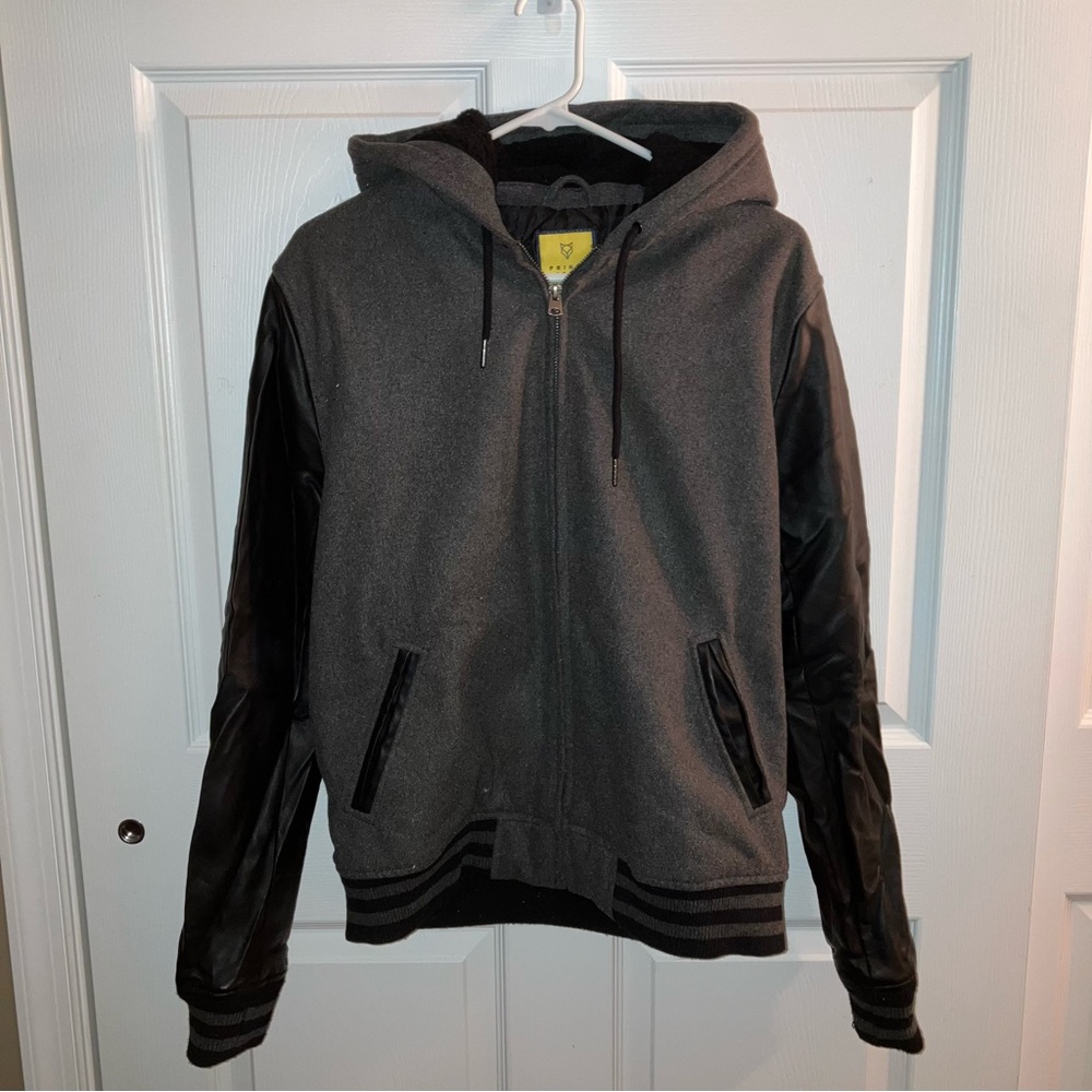 Prince & Fox Pleather-Sleeved Varsity Jacket with Hood